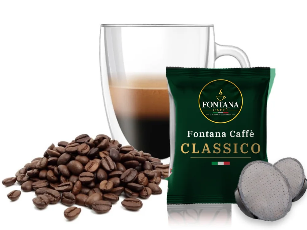 Capsula compatibile Lavazza A Modo Mio® con bustina Fontana Caffè Classico (verde), bicchiere di espresso e chicchi di caffè
