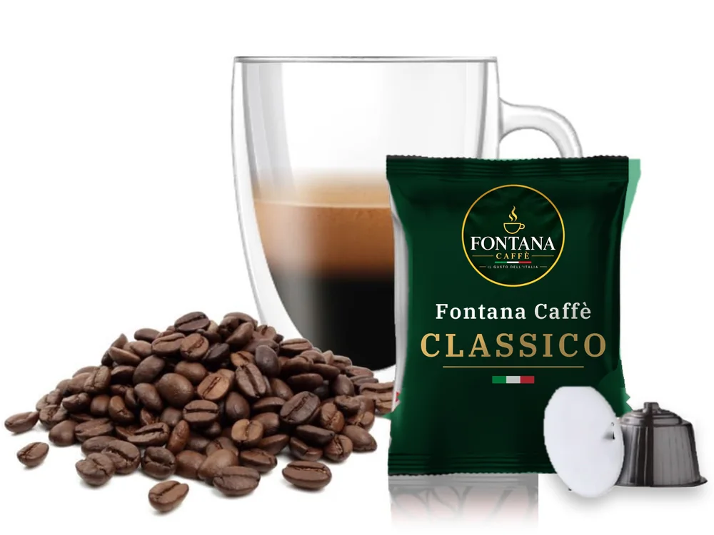 Capsula compatibile Dolce Gusto® con bustina Fontana Caffè Classico (verde), bicchiere di espresso e chicchi di caffè