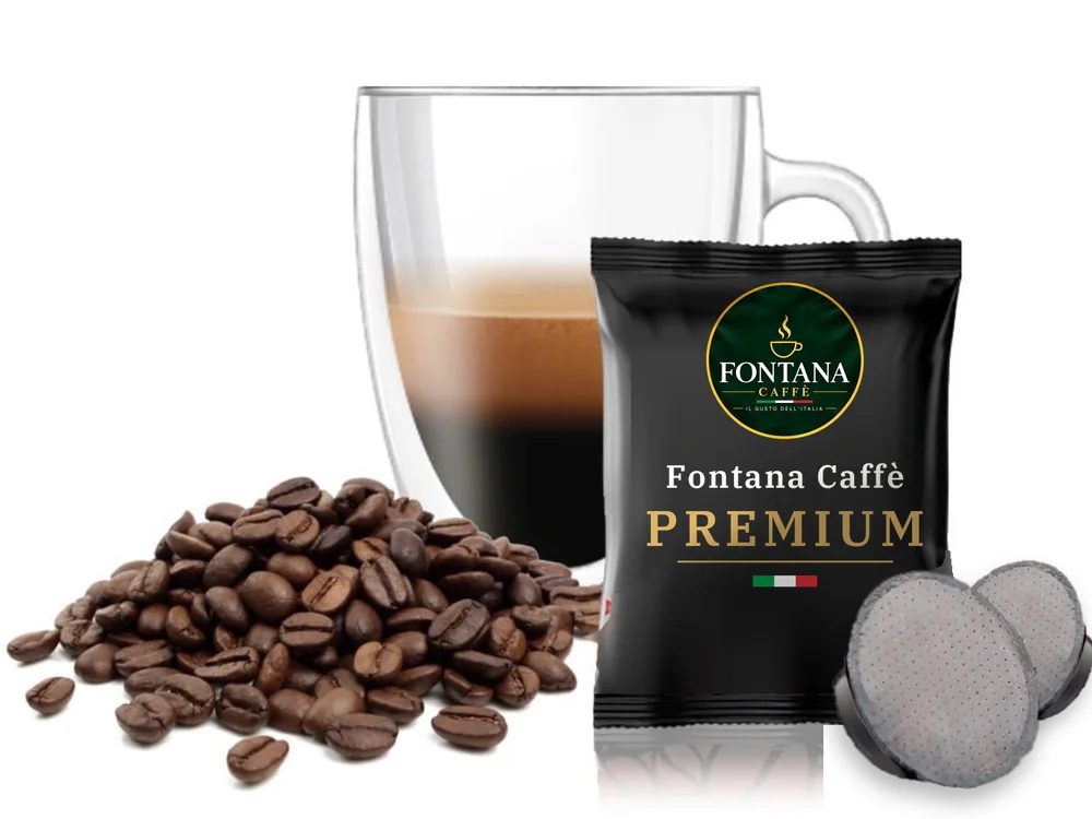 Capsula compatibile Lavazza A Modo Mio® con bustina Fontana Caffè Premium (nera), bicchiere di espresso e chicchi di caffè