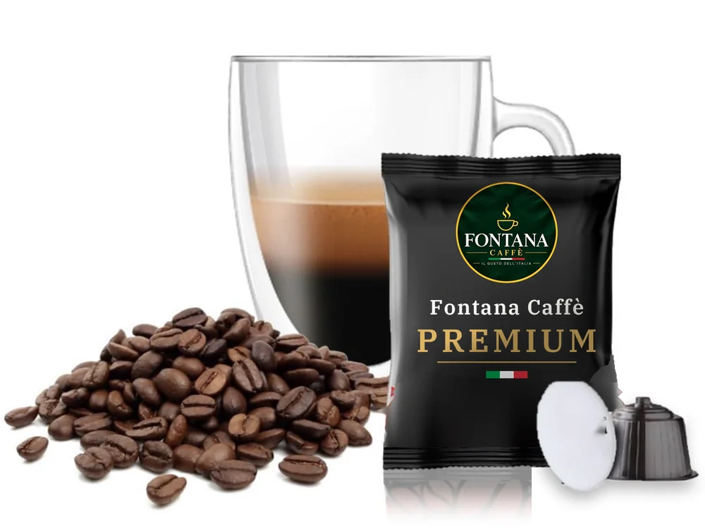 Capsula compatibile Dolce Gusto® con bustina Fontana Caffè Premium (nera), bicchiere di espresso e chicchi di caffè