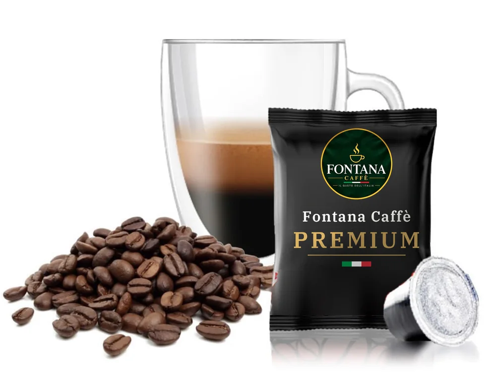 Capsula compatibile Nespresso® con bustina Fontana Caffè Premium (nera), bicchiere di espresso e chicchi di caffè