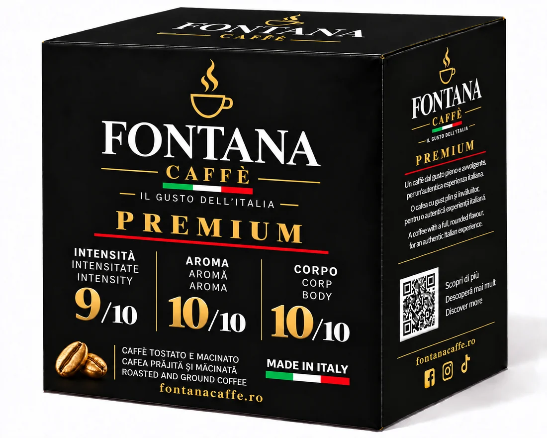 La confezione nera Fontana Caffè Premium: intensità 9/10, aroma 10/10, corpo 10/10, «Made in Italy»