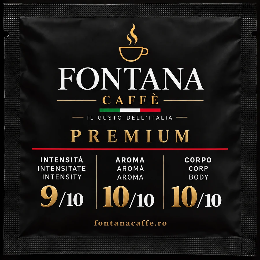 Bustina nera Fontana Caffè Premium per cialda ESE, fronte, con intensità 9/10, aroma 10/10 e corpo 10/10