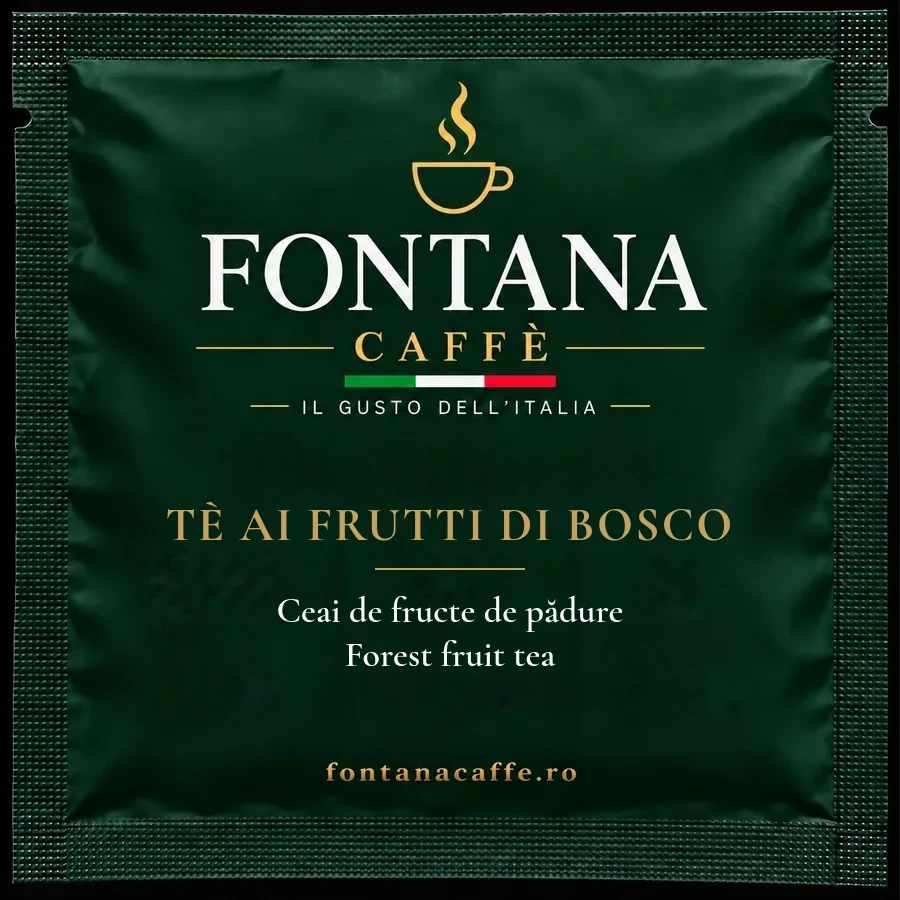Bustina verde Fontana Caffè per cialda ESE tè ai frutti di bosco, fronte, con il nome in italiano, rumeno e inglese