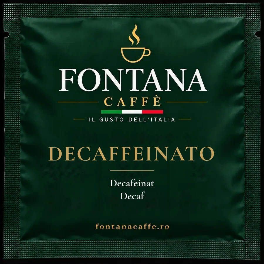 Bustina verde Fontana Caffè per cialda ESE decaffeinato, fronte, con il nome in italiano, rumeno e inglese