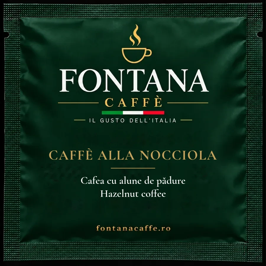 Bustina verde Fontana Caffè per cialda ESE caffè alla nocciola, fronte, con il nome in italiano, rumeno e inglese