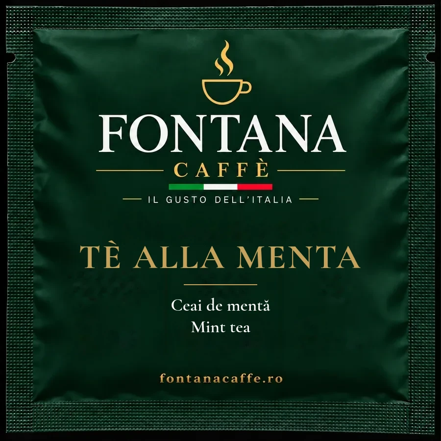 Bustina verde Fontana Caffè per cialda ESE tè alla menta, fronte, con il nome in italiano, rumeno e inglese