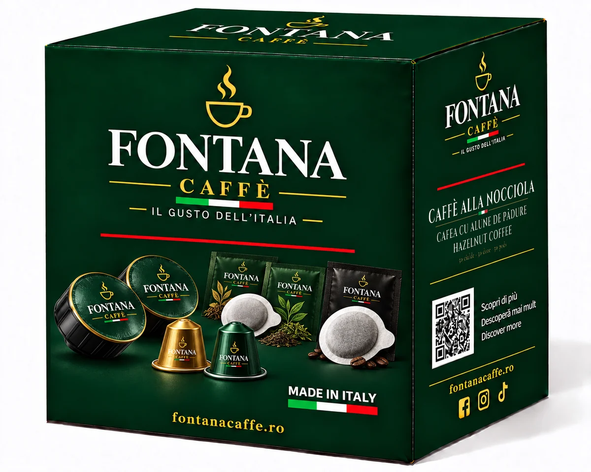 Confezione verde Fontana Caffè, con l’etichetta «caffè alla nocciola / cafea cu alune de pădure / hazelnut coffee» sul lato destro (50 cialde)